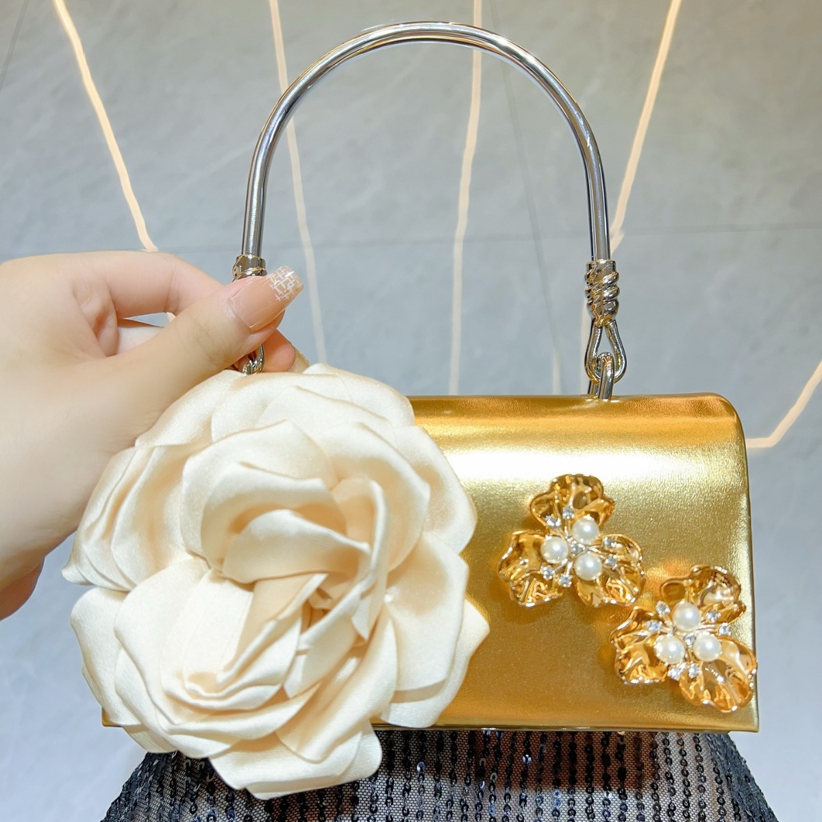 Women Bags Gold - Luxo ouro 3d flor saco de