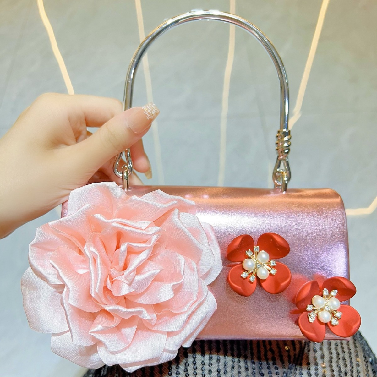 Luxo ouro 3d flor saco de embr - Women Bags Gold avaliação e preço